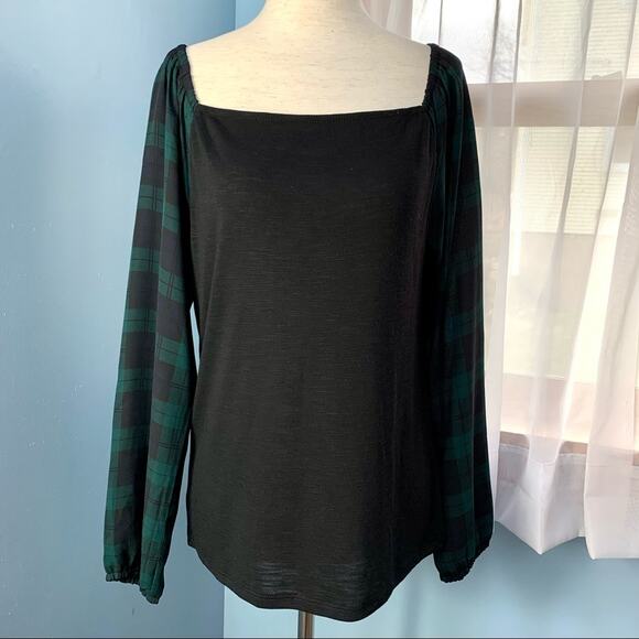 NWT J. Crew Square Neck Top with Black Watch Plaid Sleeves Size Small - Picture 7 of 7